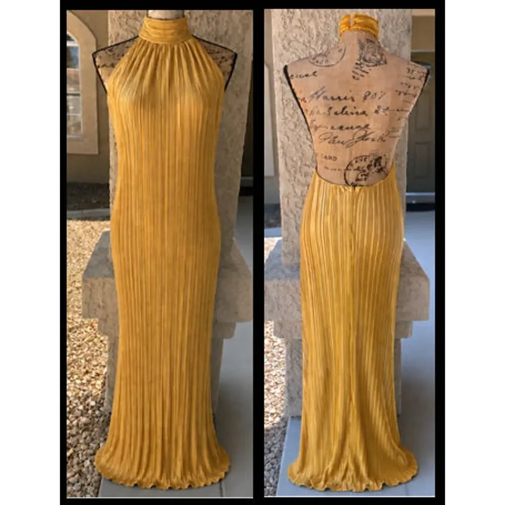 Lulus Gwenny Golden Yellow Satin Plisse Maxi Dress Size L NEW